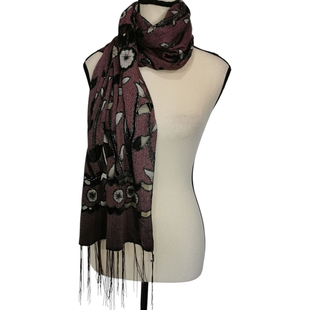 Pineapple Moon Burnout Poppy Embroidered Fringed Scarf - Picture 3 of 6